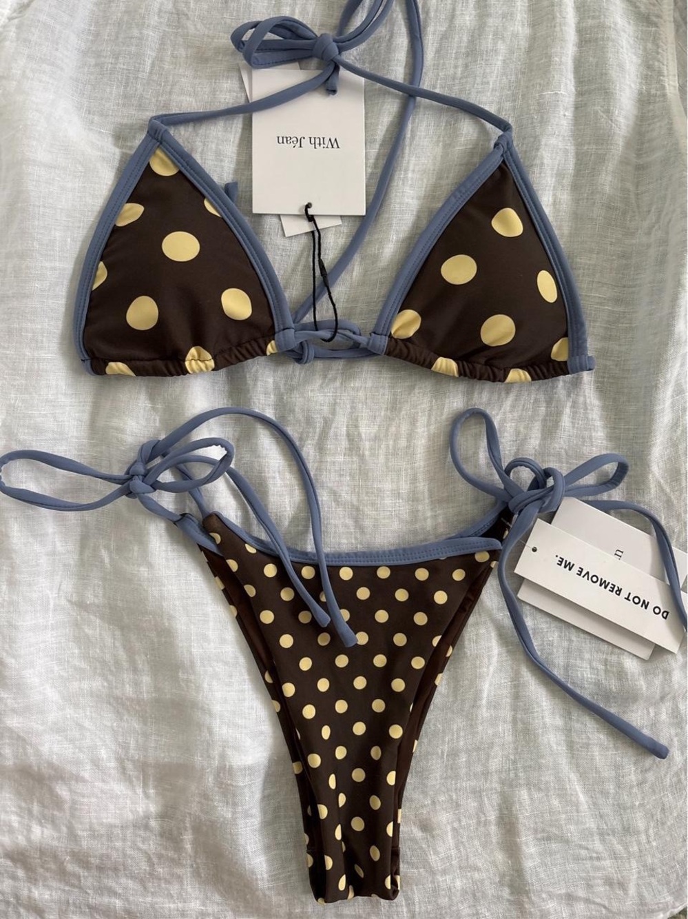 With Jean Brown Polka Dot Bikini with Blue Trim